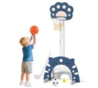 COSTWAY 3 en 1 Panier de Basket-Ball Enfant en Forme Patte de Chat avec Hauteur Réglable & Cercle Pliable, Centre de Sports Enfant avec But de Football & Golf, Intérieur Extérieur, 3 Ans+ (Bleu)
