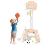 COSTWAY 3 en 1 Panier de Basket-Ball Enfant en Forme Patte de Chat avec Hauteur Réglable & Cercle Pliable, Centre de Sports Enfant avec But de Football & Golf, Intérieur Extérieur, 3 Ans+ (Beige)