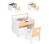 COSTWAY 3 en 1 Table Enfant avec Chaise en Forme d'Eléphant, Table et Chaise en Bois avec Tableau Amovible & Porte-Rouleau de Papier, Espace Caché, Bureau pour Dessiner Jouer (Blanc)