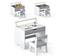 COSTWAY 3 en 1 Table Enfant avec Chaise en Forme d'Eléphant, Table et Chaise en Bois avec Tableau Amovible & Porte-Rouleau de Papier, Espace Caché, Bureau pour Dessiner Jouer (Gris+Blanc)