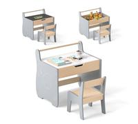 COSTWAY 3 en 1 Table Enfant avec Chaise en Forme d'Eléphant, Table et Chaise en Bois avec Tableau Amovible & Porte-Rouleau de Papier, Espace Caché, Bureau pour Dessiner Jouer (Gris)