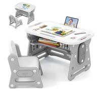 COSTWAY 3 en 1 Table Enfant avec Chaise, Table à Dessin Réglable en Hauteur avec Tableau Blanc Montessori, 5 Stylos & Gomme, Étagère de Rangement, Chaise Ergonomique, Charge 30/50 kg, 3+ Ans (Gris)