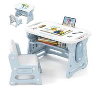 COSTWAY 3 en 1 Table Enfant avec Chaise, Table à Dessin Réglable en Hauteur avec Tableau Blanc Montessori, 5 Stylos & Gomme, Étagère de Rangement, Chaise Ergonomique, Charge 30/50 kg, 3+ Ans (Bleu)