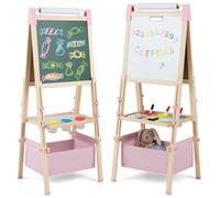 COSTWAY 3 en 1 Tableau Enfant Double Face en Bois avec Rouleau de Papier & 60 Accessoires, Chevalet Magnétique avec Hauteur Réglable, Plateau & Sac de Rangement pour Enfants de 3-8 Ans (Rose)