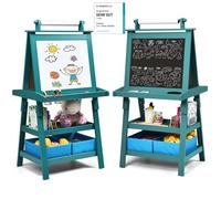COSTWAY 3 en 1 Tableau Enfants Double Face avec Rouleau de Papier, Chevalet Enfants avec 2 Etagères et 2 Boîtes de Rangement, Structure Triangulaire, Jouet de Dessin pour Enfants de 3 Ans+