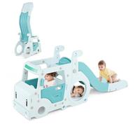 COSTWAY 3 en 1 Toboggan Enfant Pliable en Forme Bus avec Volant Simulé & Levier de Commande, Aire de Jeux Intérieur avec Tunnel Rampant & Zone Tampon, Charge 30kg pour Enfants de 18 Mois+