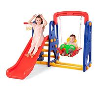 COSTWAY 3 en 1 Toboggan Enfants avec Balançoire & Panier de Basketball, Aire de Jeu avec Coins Arrondis, Jouet d’Escalade pour Enfants de 3 à 8 Ans