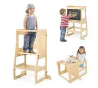 COSTWAY 3 en 1 Tour d'apprentissage Enfant avec Tableau Noir, Tour d'observation Montessori en Bois avec Rail de Sécurité & Pieds Anti-Bascule, Charge 60kg pour Enfant de 1 an+, Naturel