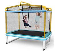 COSTWAY 3 en 1 Trampoline Extérieur Enfants Rectangulair (190x124cm) avec Balançoire & Barre Horizontale, Trampoline de Jardin avec Filet de Sécurité, Charge Max 100kg pour Garçon et Fille