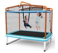 COSTWAY 3 en 1 Trampoline Extérieur Enfants Rectangulair (190x124cm) avec Balançoire & Barre Horizontale, Trampoline de Jardin avec Filet de Sécurité, Charge Max 100kg pour Garçon et Fille…
