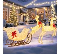 COSTWAY 3 PCS Rennes & Traîneau de Noël Lumineux, Decoration Noel Exterieur Interieur, 280 Lumière LED, 12 Piquets de Sol, 24 Attaches Zippées, Décorations de Fêtes pour Salon Jardin Porche