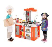 COSTWAY 38 PCS Cuisine Enfant avec Effets de Vapeur & d'Ébullition, Jeux de Cuisine Enfant avec Lumières et Sons Réalistes, Étagère & Fours, Jouet d’Imitation pour 3 Ans+, 62 x 37 x 72 cm (Orange)