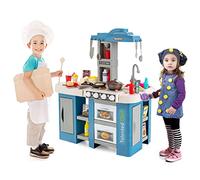 COSTWAY 38 PCS Cuisine Enfant avec Effets de Vapeur & d'Ébullition, Jeux de Cuisine Enfant avec Lumières et Sons Réalistes, Étagère & Fours, Jouet d’Imitation pour 3 Ans+, 62 x 37 x 72 cm (Bleu)