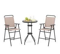 COSTWAY 3PCS Salon de Jardin - 2 Chaises de Jardin Pliantes, Table Basse Ronde en Verre Trempé - Bistro Terrasse Piscine - Beige