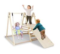 COSTWAY 4 en 1 Aire de Jeux d'escalade Intérieure en Bois avec Rampe & Balançoire, Triangle d'escalade Montessori Enfant avec Échelle, Plateforme, Charge 150kg pour 3 Enfants de 1 an+ (Naturel)