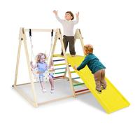 COSTWAY 4 en 1 Aire de Jeux d'escalade Intérieure en Bois avec Rampe & Balançoire, Triangle d'escalade Montessori Enfant avec Échelle, Plateforme, Charge 150kg pour 3 Enfants de 1 an+ (Coloré)