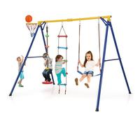 COSTWAY 4 en 1 Balançoire Enfants avec Panier de Basket & Échelle d'escalade & Disque, Balançoire en U avec Corde Réglable(95-119cm), Charge 300kg pour 4 Enfants de 3-9 Ans