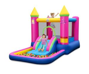 COSTWAY 4 en 1 Château Gonflable sur Thème Princesse avec Toboggan & Maison de Saut, Aire de Jeux Gonflable avec Panier de Basket et Piscine à Balles, Charge Max 90kg pour 2 Enfants de 3-12 Ans