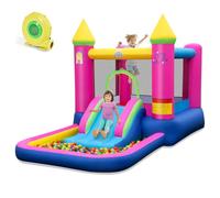 COSTWAY 4 en 1 Château Gonflable sur Thème Princesse avec Toboggan & Souffleur 480W, Aire de Jeux Gonflable avec Maison de Saut & Piscine à Balles, Charge Max 90kg pour 2 Enfants de 3-12 Ans