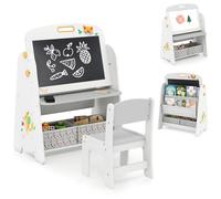 COSTWAY 4 en 1 Chevalet Enfant en Bois avec Chaise & Tableau Noir & Blanc Magnétique, Bureau Enfant en Motif Renard avec 2 Bacs en Tissu, Gomme & Craies, Bibliothèque pour 3 Ans+ (Gris)