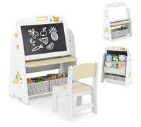 COSTWAY 4 en 1 Chevalet Enfant en Bois avec Chaise & Tableau Noir & Blanc Magnétique, Bureau Enfant en Motif Renard avec 2 Bacs en Tissu, Gomme & Craies, Bibliothèque pour 3 Ans+ (Naturel)
