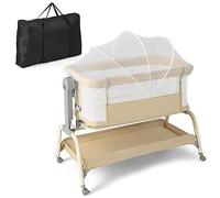 COSTWAY 4 en 1 Lit Cododo Bébé avec Matelas & Filet, Lit Bébé Evolutif avec 6 Hauteurs Réglables, Inclinaison Réglable, 4 Roues avec Frein, Lit de Voyage 0-6 Mois, Charge 9kg(Beige)