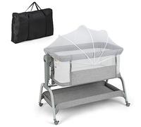 COSTWAY 4 en 1 Lit Cododo Bébé avec Matelas & Filet, Lit Bébé Evolutif avec 6 Hauteurs Réglables, Inclinaison Réglable, 4 Roues avec Frein, Lit de Voyage 0-6 Mois, Charge 9kg(Gris)