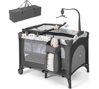 COSTWAY 4 EN 1 Lit d'Appoint Pliable, Lit de Voyage avec Matelas, Jouet Suspendu, Boîte à Jouets, Table à langer & Sac de Transport, Lit Bébé à 2 niveaux avec Roulettes pour Bébé jusqu'à 36 mois (Beig