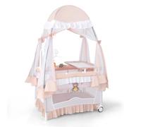 COSTWAY 4 en 1 Lit Parapluie Bébé avec Matelas et Filet Détachable, Lit Bébé Évolutif Pliable avec Table à Langer, Style Princesse, Boîte à Musique et Jouets pour Bébé de 0-3 Ans