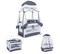 COSTWAY 4 en 1 Lit Parapluie Bébé avec Matelas et Filet Détachable, Lit Bébé Évolutif Pliable avec Table à Langer, Style Princesse, Boîte à Musique et Jouets pour Bébé de 0-3 Ans