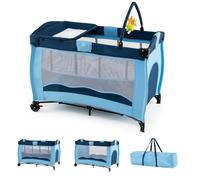 COSTWAY 4 en 1 Lit Parapluie Bébé Pliable avec Matelas (Bleu)