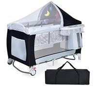 COSTWAY 4 en 1 Lit Parapluie, Parc pour Bébé avec Matelas, Moustiquaire, Entrée Latérale, Sac à Jouets, Boîte à Musique, Table à Langer, Facile à Plier, 0-36 Mois, 120 x 60 x 72 cm (Noir)