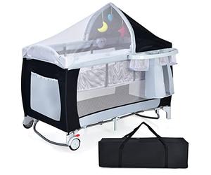 COSTWAY 4 en 1 Lit Parapluie, Parc pour Bébé avec Matelas, Moustiquaire, Entrée Latérale, Sac à Jouets, Boîte à Musique, Table à Langer, Facile à Plier, 0-36 Mois, 120 x 60 x 72 cm (Noir)