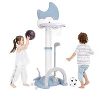 COSTWAY 4 en 1 Panier de Basket Enfant en Forme Lune avec Effets Sonores des Buts & Hauteur Réglable, Aire de Jeu Sportive avec Football, Golf et Jeu de Anneaux, Tableau d’Affichage pour 3 Ans+ (Bleu)
