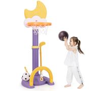 COSTWAY 4 en 1 Panier de Basket Enfant en Forme Lune avec Effets Sonores des Buts & Hauteur Réglable, Aire de Jeu Sportive avec Football, Golf et Jeu de Anneaux, Tableau d’Affichage, 3 Ans+ (Violet)