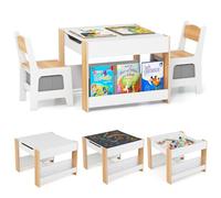 COSTWAY 4 en 1 Table Enfant avec 2 Chaises & Plateau Double Face & Tableau Noir, Table et Chaises en Bois avec 2 Bacs en Tissu & Étagères à Livres, Table de Dessin pour Dessiner, 3 Ans+ (Naturel)