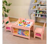 COSTWAY 4 en 1 Table Enfant avec 2 Chaises & Plateau Double Face & Tableau Noir, Table et Chaises en Bois avec 2 Bacs en Tissu & Étagères à Livres, Table de Dessin pour Dessiner, 3 Ans+ (Rose)
