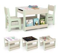 COSTWAY 4 en 1 Table Enfant avec 2 Chaises & Plateau Double Face & Tableau Noir, Table et Chaises en Bois avec 2 Bacs en Tissu & Étagères à Livres, Bureau pour Dessiner, 3 Ans+ (avec étagère - Vert)