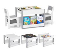 COSTWAY 4 en 1 Table Enfant avec 2 Chaises & Plateau Double Face & Tableau Noir, Table et Chaises en Bois avec 2 Bacs en Tissu & Étagères à Livres, Table de Dessin pour Dessiner, 3 Ans+ (Gris)