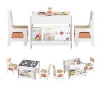 COSTWAY 4 en 1 Table Enfant avec 2 Chaises & Plateaux Réversibles Double Face, Table d’Activité avec Bibliothèques & 2 Bacs en Tissu, Bureau Enfant pour Dessin Lecture Jeux de 3-6 Ans (Naturel)