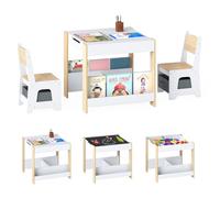 COSTWAY 4 en 1 Table Enfant avec 2 Chaises & Tableau Blanc & Tableau Noir Réversible, Table d'Activités avec Bibliothèques & 2 Bacs en Tissu, Bureau Enfant de 3 Ans+, Charge 50/70 kg (Naturel)