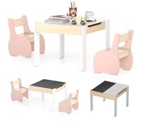 COSTWAY 4 en 1 Table Enfants avec 2 Chaises en Forme d'Eléphant, Table et Chaises en Bois avec Tableau Amovible, Espace de Rangement, Bureau pour Dessiner Jouer, Charge 30kg pour 3-6 Ans… (Rose)