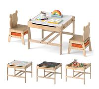 COSTWAY 4 en 1 Table Enfants avec 2 Chaises & Tiroirs - Tableau Réversible à 2 Faces (Noir+Blanc) pour Dessiner, Jouer, Manger