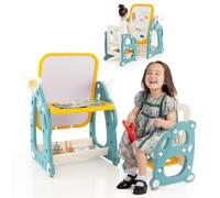 COSTWAY 4 en 1 Table Enfants avec Chaise & 3 Hauteurs Réglable | 14 Accessoires & Panier Inférieur, Télescope et Jeu d'Anneaux, Chevalet Enfants pour 1-8 Ans, Charge 30kg
