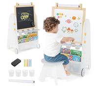 COSTWAY 4 en 1 Tableau Enfant avec Tableau Noir & Magnétique Réglable | Étagère à Livres & Rouleau de Papier, Chevalet d'Art en Bois Enfant Montessori pour 3 Ans+