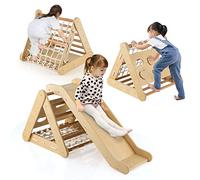 COSTWAY 4 en 1 Triangle d'escalade Enfant avec Toboggan, Echelle d'escalade en Bois avec Filet, Inclinaison Réglable, Intérieur, Charge 50kg pour Enfants de 1 an+