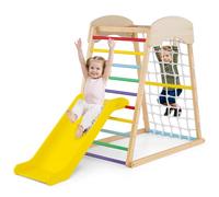COSTWAY 4 en 1 Triangle d'escalade Montessori en Bois Enfants avec Toboggan, Aire de Jeu d’Escalade Intérieur avec Filet & Échelle d'escalade Montessori, Charge 50kg pour Bébé de 1 an+