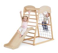 COSTWAY 4 en 1 Triangle d'escalade Montessori en Bois Enfants avec Toboggan, Aire de Jeu d’Escalade Intérieur avec Filet & Échelle d'escalade Montessori, Charge 50kg pour Bébé de 1 an+