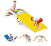 COSTWAY 4 en 1 Triangle d'escalade Montessori Enfants avec Rampe Réversible & Réglable, Arc d'escalade Montessori en Bois avec Coussin Doux pour Glisser Grimper, Charge 60KG pour Enfants de 1 an+