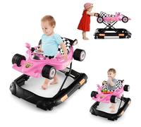 COSTWAY 4 en 1 Trotteur Bébé Évolutif Pliable avec 3 Hauteur Réglable, Trotteur Marche Bébé avec Lumière & Musique, Rétroviseur & 6 Coussinet de Pied, Charge 12 kg pour 6 Mois+ (Rose)